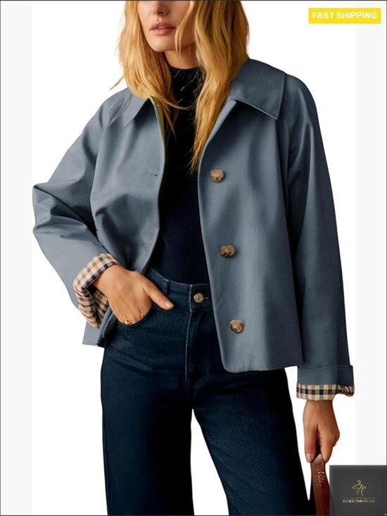 Jackets & Blazers - Oversized Trench Coat Plaid Lining Lapel Button Down Casual Crop Jacket Pockets